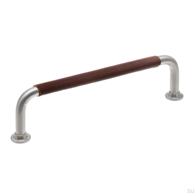 Länglicher Möbelgriff LS 1353 128 Gebürstetes Nickel mit dunkelbraunem Leder