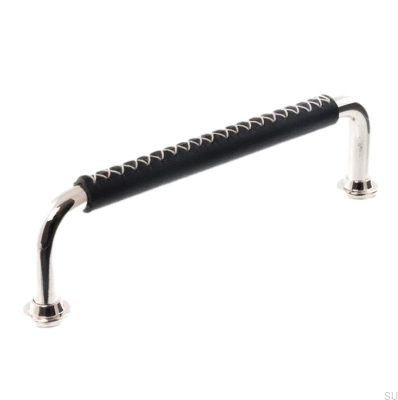 Länglicher Möbelgriff LX 1353 128 Poliertes Nickel mit schwarzem Leder