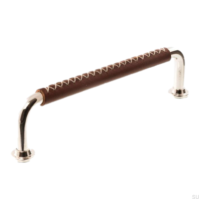 Länglicher Möbelgriff 1131LX 1353 128 Poliertes Nickel mit braunem Leder