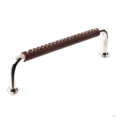 Länglicher Möbelgriff 1132LX 1353 128 Poliertes Nickel mit braunem Leder