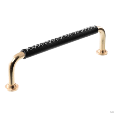Länglicher Möbelgriff LX 1353 96 Poliertes Messing mit schwarzem Leder