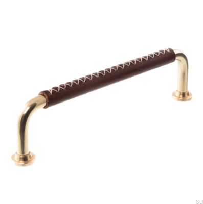 Länglicher Möbelgriff LX 1353 96 Poliertes Messing mit dunkelbraunem Leder