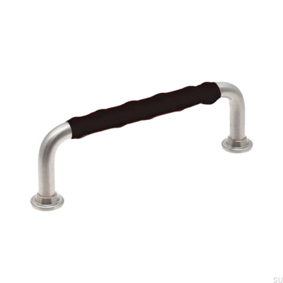 Länglicher Möbelgriff LL 1353 96, gebürstetes Nickel mit schwarzem Leder