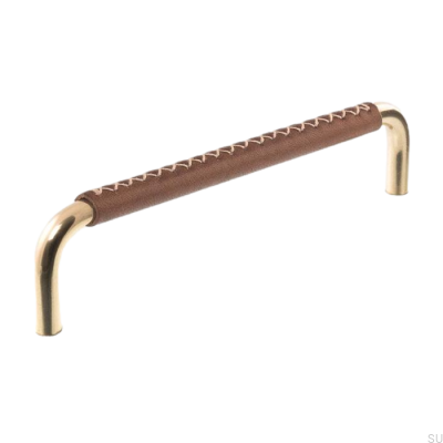 Länglicher Möbelgriff 7353 128 Poliertes Messing mit braunem Leder