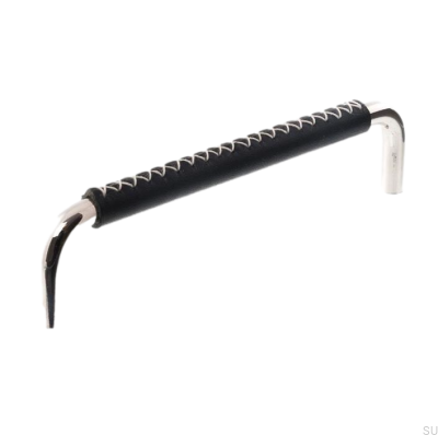 Länglicher Möbelgriff LX 7353 128 Poliertes Nickel mit schwarzem Leder