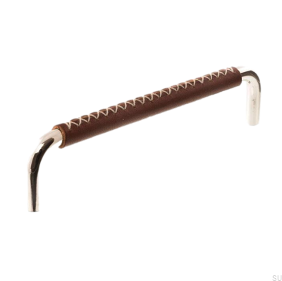 Länglicher Möbelgriff LX 7353 128 Poliertes Nickel mit braunem Leder