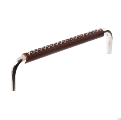 Länglicher Möbelgriff LX 7353 128 Poliertes Nickel mit dunkelbraunem Leder