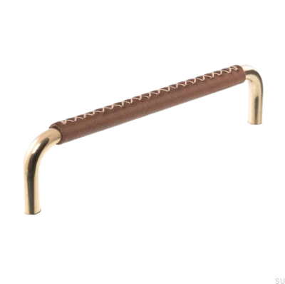 Länglicher Möbelgriff 7353 96 Poliertes Messing mit braunem Leder