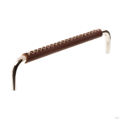 Länglicher Möbelgriff LX 7353 96 Poliertes Nickel mit braunem Leder