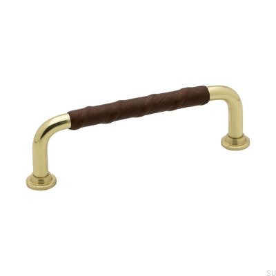 Länglicher Möbelgriff 1353 96 Gold Messing Poliert Braunes Naturleder
