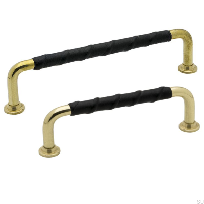 Verlängerter Möbelgriff 1353 96 Gold Messing Poliert Schwarzes Naturleder