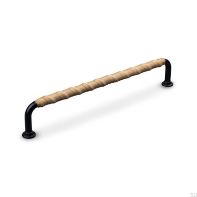 Burano Wrapped 192 länglicher Möbelgriff aus schwarzem Metall mit hellbraunem Leder