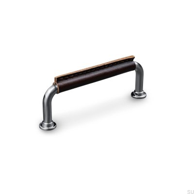 Länglicher Möbelgriff Burano Stitched 96 Brushed Silver mit braunem Leder