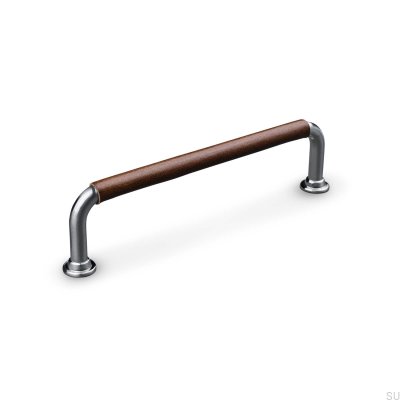 Länglicher Möbelgriff Burano Swept 128 gebürstetes Silber mit braunem Leder
