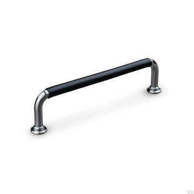 Länglicher Möbelgriff Burano Swept 128 gebürstetes Silber mit schwarzem Leder