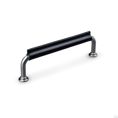 Länglicher Möbelgriff Burano Stitched 128 Brushed Silver mit schwarzem Leder