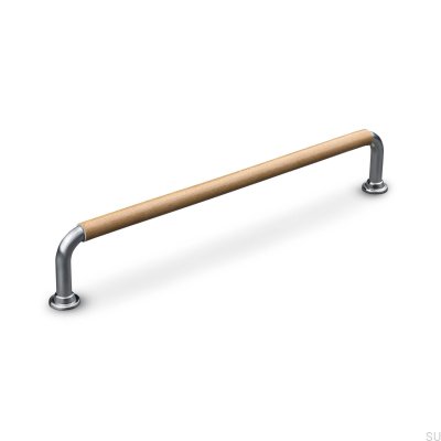 Länglicher Möbelgriff Burano Swept 192 gebürstetes Silber mit hellbraunem Leder