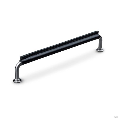 Länglicher Möbelgriff Burano Stitched 192 Brushed Silver mit schwarzem Leder