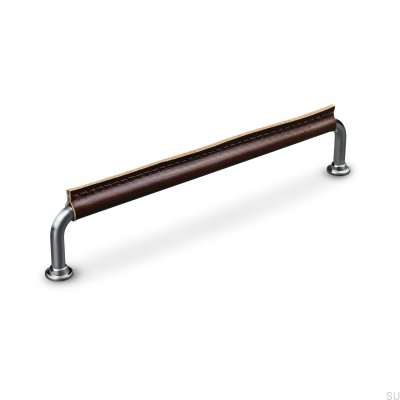 Länglicher Möbelgriff Burano Stitched 192 Brushed Silver mit braunem Leder