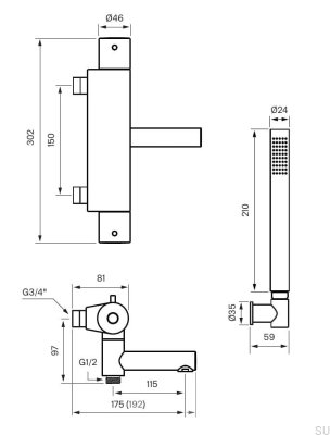 Thermostatischer Bad- und Duschhahn EVM026-150 Messing Schwarz gebürstetes Chrom