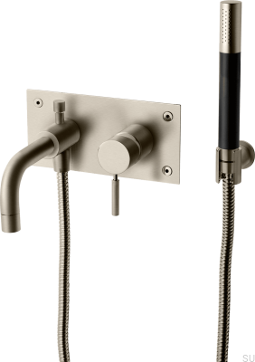 Badewannen- und Duscharmatur mit Handbrause und Schlauch BOX026 Messing gebürstetes Nickel mit Schwarz