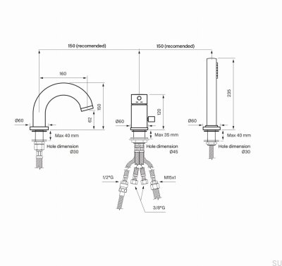 Dreiloch-Badewannenarmatur mit Auslauf und Brausekopf BI047, Messing verchromt