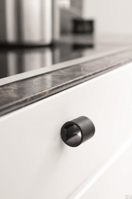 Möbelknopf Drum 32 Metall Schwarz mit schwarzem Leder