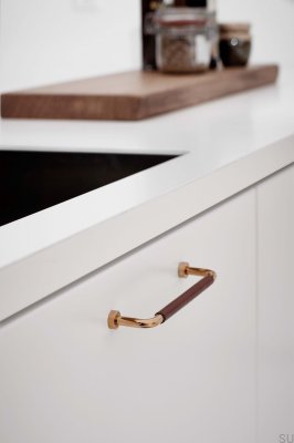 Lounge 160 Länglicher Möbelgriff Messing Gold poliert mit braunem Leder 