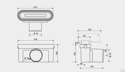 Ablaufmodul mit waagerechtem Abgang 75 mm mit herausnehmbarem Siphon zum Einbau in Holzkonstruktionen