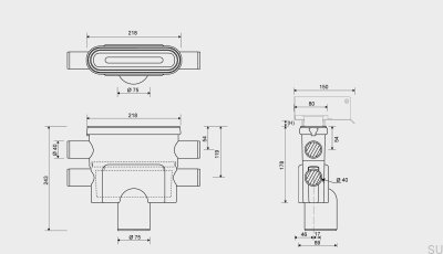 Ablaufmodul mit senkrechtem Abgang 75 mm mit herausnehmbarem Siphon und vier seitlichen Anschlüssen