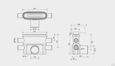 Ablaufmodul mit waagerechtem Abgang 75 mm mit herausnehmbarem Siphon und vier seitlichen Anschlüssen