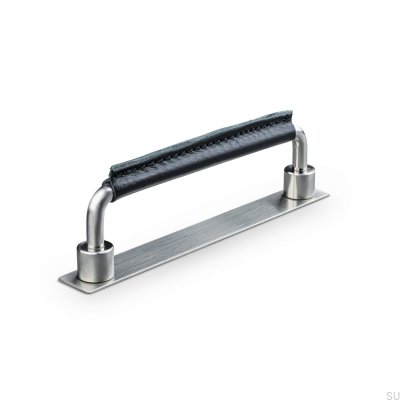 Asissi Stitched 128 Metall gebürstetes Silber mit schwarzem Leder länglicher Möbelgriff