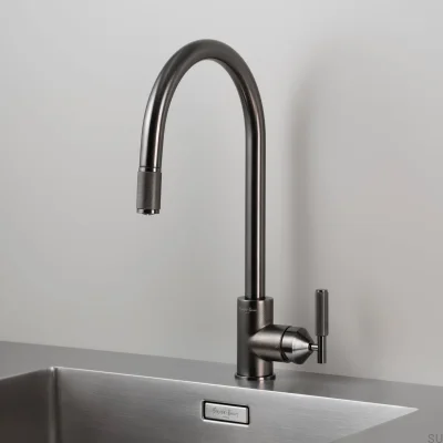 Küchenarmatur von Cross Brass Gunmetal mit Ausziehfunktion und britischem Anschluss