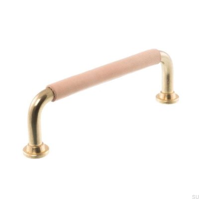 Länglicher Möbelgriff LS 1353 128 Poliertes Messing mit Naturleder
