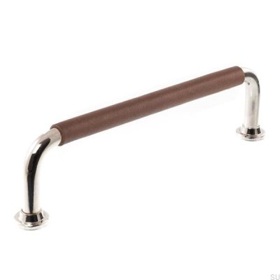 Länglicher Möbelgriff 1131LS 1353 128 Poliertes Nickel mit braunem Leder