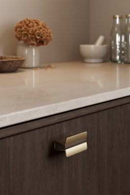 Papillon 32 länglicher Möbelgriff, mattgoldenes Aluminium mit Eichenholz