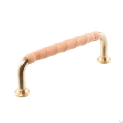 Länglicher Möbelgriff LL 1353 96 Poliertes Messing mit Naturleder
