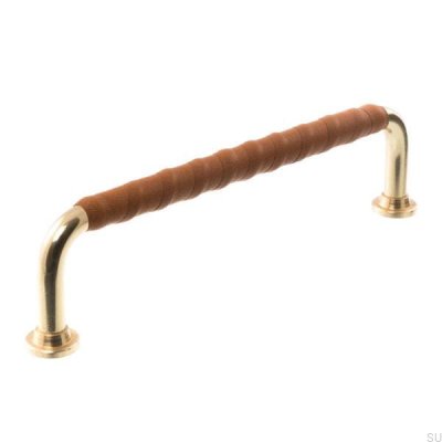Länglicher Möbelgriff LL 1353 96 Poliertes Messing mit braunem Leder