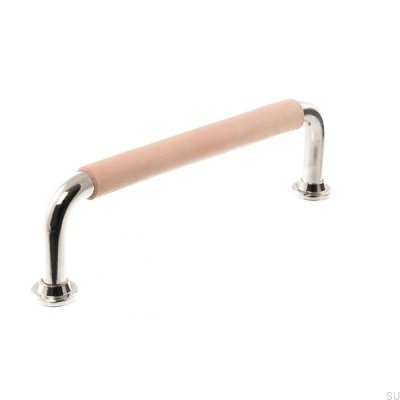 Länglicher Möbelgriff LS 1353 96 Poliertes Nickel mit Naturleder