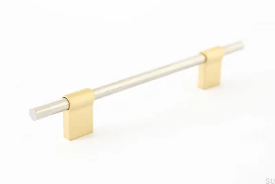länglicher Möbelgriff Line Mix 128, gebürstetes Messing mit poliertem Stahl