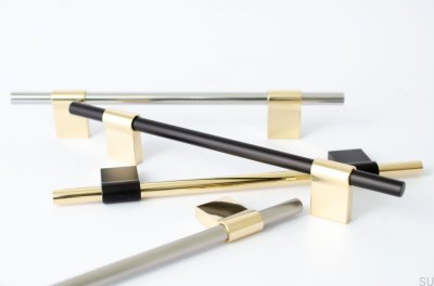 länglicher Möbelgriff Line Mix 128, gebürstetes Messing mit poliertem Stahl