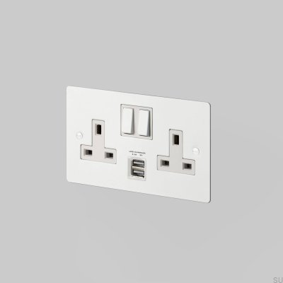 Doppelsteckdose mit USB Typ G UK 2G Stahl Weiß Britischer Standard