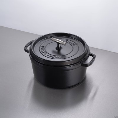 Staub Cocotte 6,7 l Topf aus schwarzem Stahl mit silbernem Rändelgriff