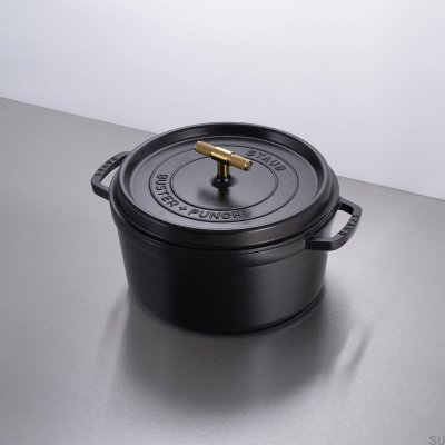 Staub Cocotte-Topf 6,7 l, schwarzer Stahl mit gerändeltem Messinggriff
