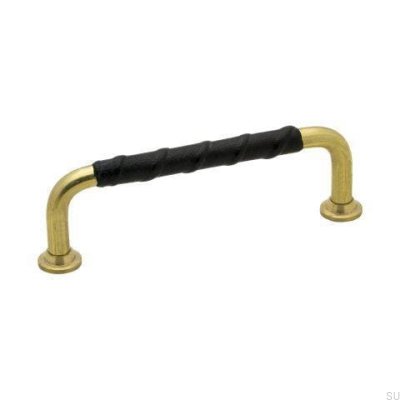 Länglicher Möbelgriff 1353 96 Gold Messing Unlackiert Schwarzes Naturleder