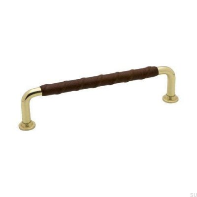 Länglicher Möbelgriff 1353 128 Goldmessing poliert Braunes Naturleder