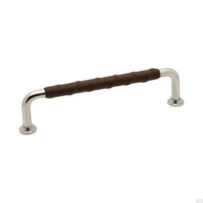 Länglicher Möbelgriff 1353 128 Silber Poliertes Nickel Naturbraunes Leder