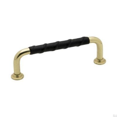 Verlängerter Möbelgriff 1353 96 Gold Messing Poliert Schwarzes Naturleder