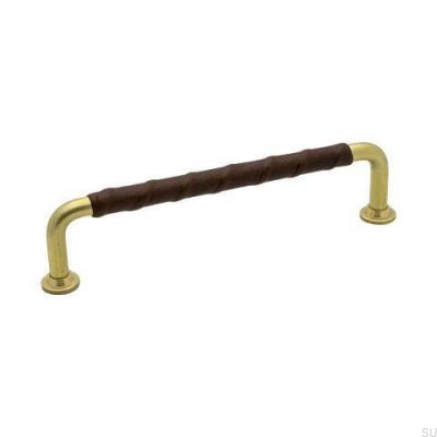 Länglicher Möbelgriff 1353 128 Goldmessing Unlackiert Naturbraunes Leder